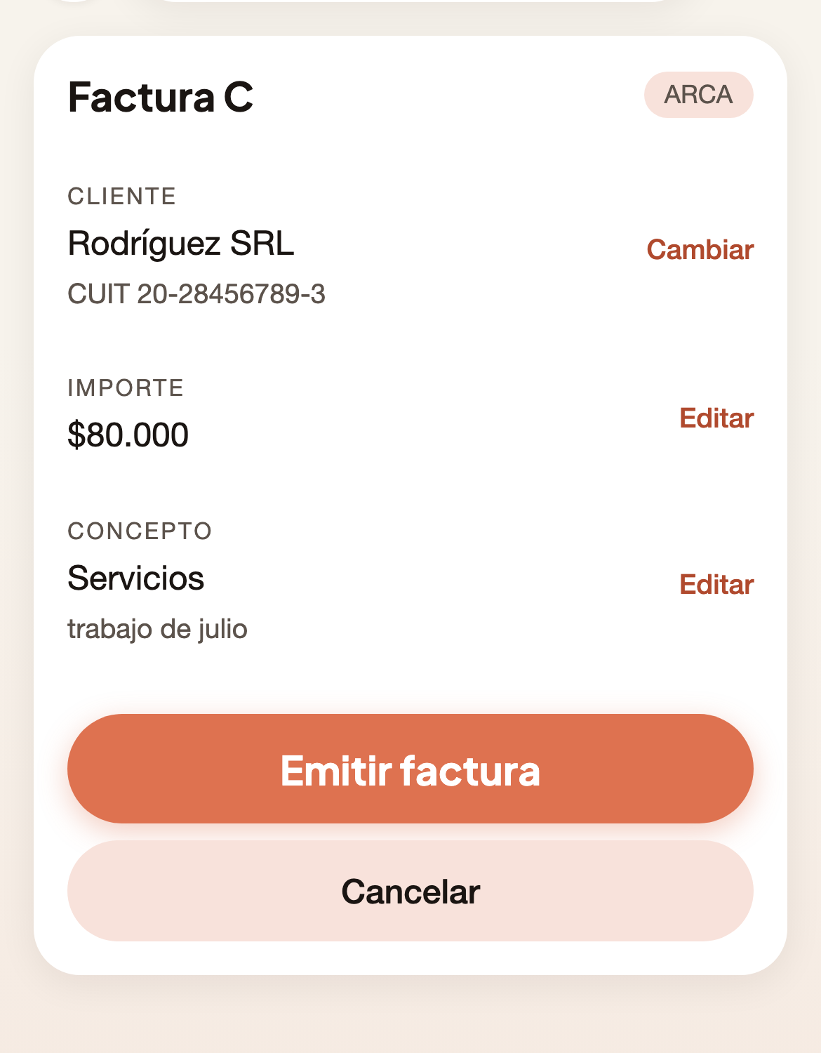 Odobi muestra la factura armada — cliente, CUIT, importe y concepto — con cada campo editable y el botón Emitir factura